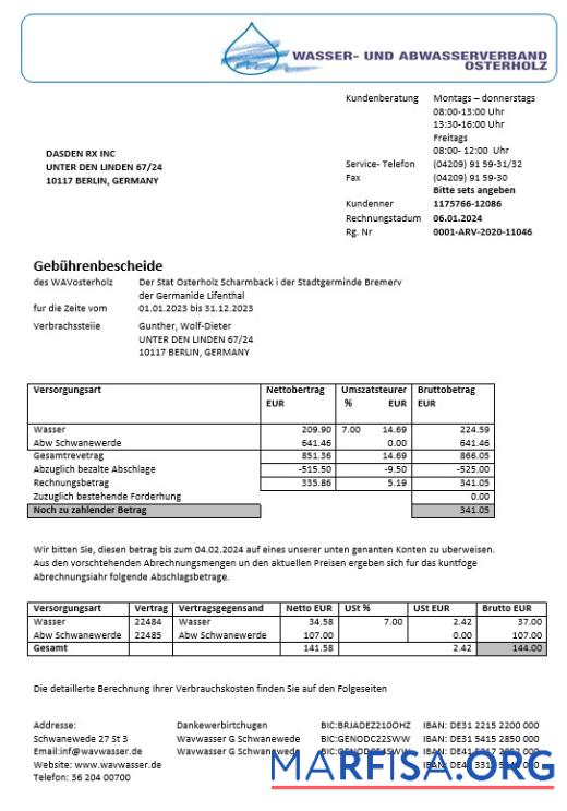 Printable Germany Wavwasser business utility bill template in Word and PDF formats